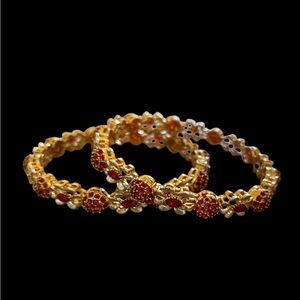 Gold-tone Red Crystal Floral Bangle Bracelet Set - Women Jewelry